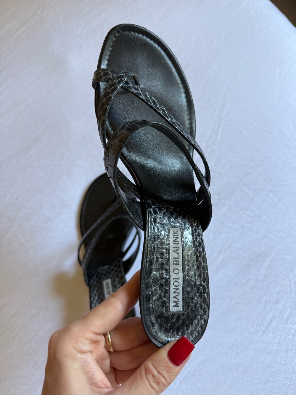 Vintage Manolo Blahnik Black Snakeskin Susa Mules/Sandals on kitten heels - Picture 7 of 13